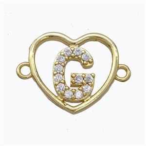 Copper Heart Connector Pave Zirconia Letter-G Gold Plated, approx 15.5mm [FN44815]