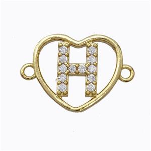 Copper Heart Connector Pave Zirconia Letter-H Gold Plated, approx 15.5mm [FN44816]