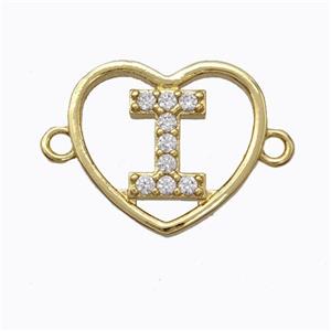 Copper Heart Connector Pave Zirconia Letter-I Gold Plated, approx 15.5mm [FN44817]