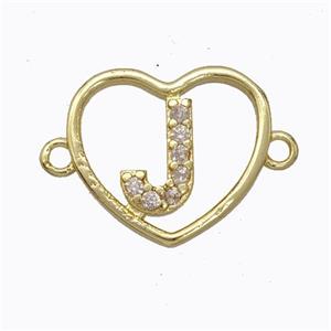 Copper Heart Connector Pave Zirconia Letter-J Gold Plated, approx 15.5mm [FN44818]