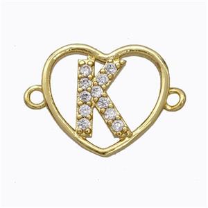 Copper Heart Connector Pave Zirconia Letter-K Gold Plated, approx 15.5mm [FN44819]