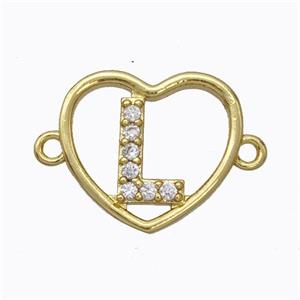 Copper Heart Connector Pave Zirconia Letter-L Gold Plated, approx 15.5mm [FN44820]