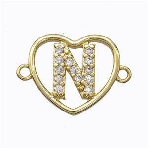 Copper Heart Connector Pave Zirconia Letter-N Gold Plated, approx 15.5mm [FN44822]