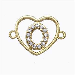 Copper Heart Connector Pave Zirconia Letter-O Gold Plated, approx 15.5mm [FN44823]