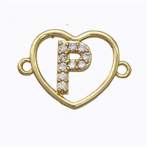 Copper Heart Connector Pave Zirconia Letter-P Gold Plated, approx 15.5mm [FN44824]