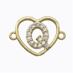Copper Heart Connector Pave Zirconia Letter-Q Gold Plated, approx 15.5mm [FN44825]