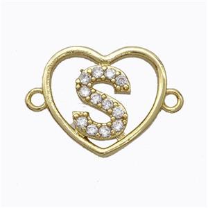 Copper Heart Connector Pave Zirconia Letter-S Gold Plated, approx 15.5mm [FN44827]