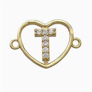 Copper Heart Connector Pave Zirconia Letter-T Gold Plated, approx 15.5mm [FN44828]
