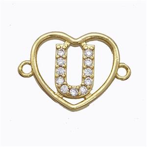 Copper Heart Connector Pave Zirconia Letter-U Gold Plated, approx 15.5mm [FN44829]