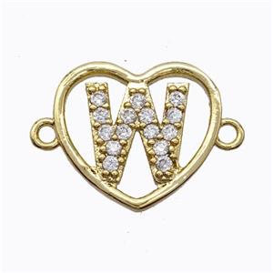 Copper Heart Connector Pave Zirconia Letter-W Gold Plated, approx 15.5mm [FN44831]