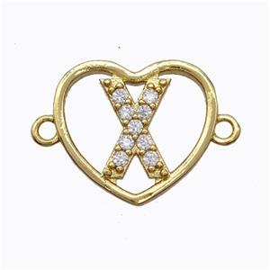 Copper Heart Connector Pave Zirconia Letter-X Gold Plated, approx 15.5mm [FN44832]