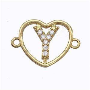 Copper Heart Connector Pave Zirconia Letter-Y Gold Plated, approx 15.5mm [FN44833]