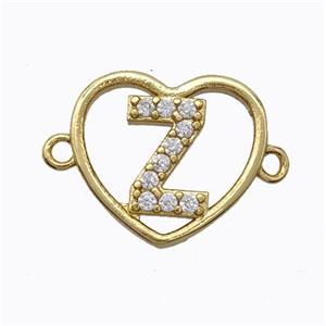Copper Heart Connector Pave Zirconia Letter-Z Gold Plated, approx 15.5mm [FN44834]