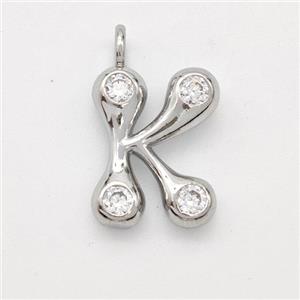 Copper Letter-K Pendant Pave Zirconia Platinum Plated, approx 15-18mm [FN44954]