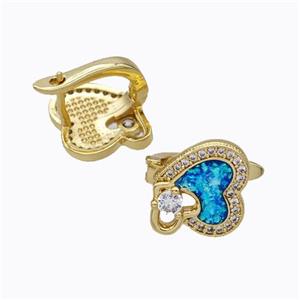 Copper Heart Latchback Earrings Pave Zirconia Blue Fire Opal 18K Gold Plated, approx 12mm [FN45053]