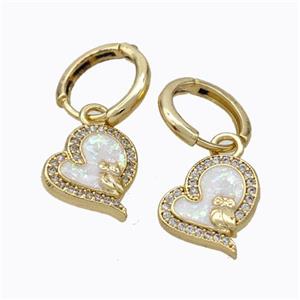 Copper Heart Hoop Earrings Pave Zirconia Fire Opal 18K Gold Plated, approx 13mm, 12mm dia [FN45054]
