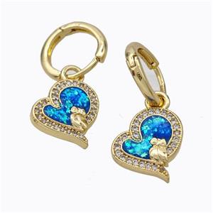 Copper Heart Hoop Earrings Pave Zirconia Blue Fire Opal 18K Gold Plated, approx 13mm, 12mm dia [FN45055]