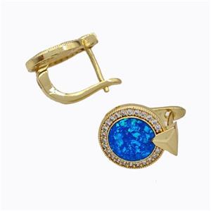 Copper Circle Latchback Earrings Pave Zirconia Blue Fire Opal 18K Gold Plated, approx 11.5mm [FN45057]