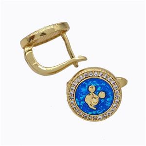 Copper Circle Latchback Earrings Pave Zirconia Blue Fire Opal 18K Gold Plated, approx 12mm [FN45059]