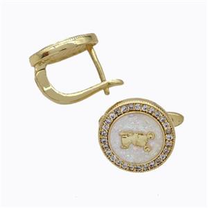 Copper Circle Latchback Earrings Pave Zirconia White Fire Opal 18K Gold Plated, approx 12mm [FN45060]