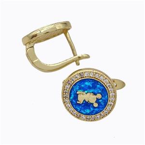 Copper Circle Latchback Earrings Pave Zirconia Blue Fire Opal 18K Gold Plated, approx 12mm [FN45061]