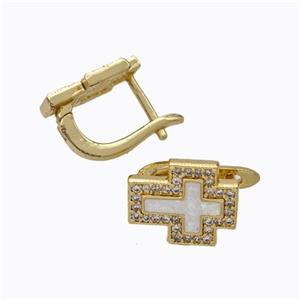 Copper Cross Latchback Earrings Pave Zirconia White Fire Opal 18K Gold Plated, approx 10-12mm [FN45062]
