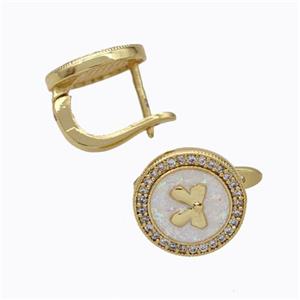 Copper Circle Latchback Earrings Pave Zirconia Fire Opal Bow 18K Gold Plated, approx 12mm [FN45064]