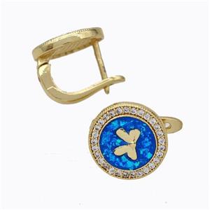 Copper Circle Latchback Earrings Pave Zirconia Blue Fire Opal Bow 18K Gold Plated, approx 12mm [FN45065]