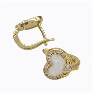 Copper Heart Latchback Earrings Pave Zirconia White Fire Opal 18K Gold Plated, approx 10-12mm [FN45066]