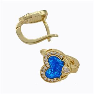 Copper Heart Latchback Earrings Pave Zirconia Blue Fire Opal 18K Gold Plated, approx 10-12mm [FN45067]