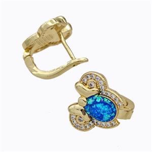 Copper Elephant Latchback Earrings Pave Zirconia Blue Fire Opal 18K Gold Plated, approx 12-14mm [FN45069]