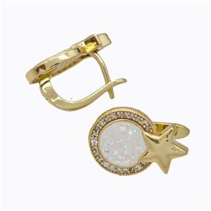 Copper Circle Latchback Earrings Pave Zirconia White Fire Opal Star 18K Gold Plated, approx 11.5-16mm [FN45070]
