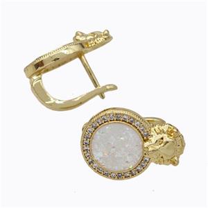 Copper Circle Latchback Earrings Pave Zirconia White Fire Opal Lion 18K Gold Plated, approx 12-17mm [FN45074]