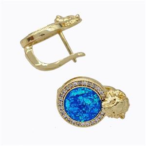 Copper Circle Latchback Earrings Pave Zirconia Blue Fire Opal Lion 18K Gold Plated, approx 12-17mm [FN45075]