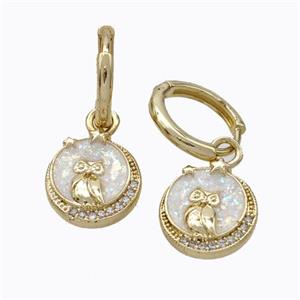 Copper Owl Hoop Earrings Pave Zirconia White Fire Opal 18K Gold Plated, approx 11mm, 12mm dia [FN45078]