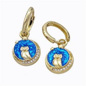 Copper Owl Hoop Earrings Pave Zirconia Blue Fire Opal 18K Gold Plated, approx 11mm, 12mm dia [FN45079]