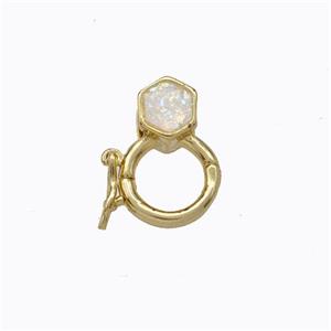 Copper Clasp Pave White Fire Opal Hexagon 18K Gold Plated, approx 6mm, 9mm [FN45080]