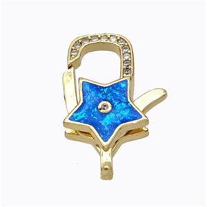 Copper Lobster Clasp Micropave Zirconia Blue Fire Opal Star 18K Gold Plated, approx 14-21mm [FN45091]