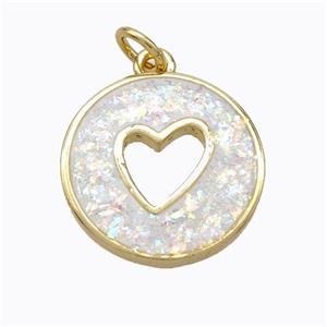 Copper Heart Pendant Pave White Fire Opal Circle 18K Gold Plated, approx 16mm [FN45093]