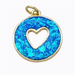 Copper Heart Pendant Pave Blue Fire Opal Circle 18K Gold Plated, approx 16mm [FN45094]