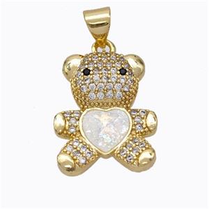 Copper Bear Pendant Micropave Zirconia White Fire Opal Heart 18K Gold Plated, approx 15-18mm [FN45095]