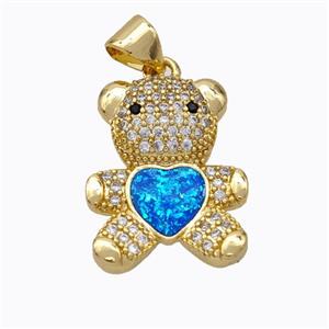 Copper Bear Pendant Micropave Zirconia Blue Fire Opal Heart 18K Gold Plated, approx 15-18mm [FN45096]