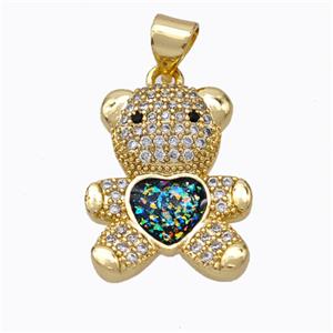 Copper Bear Pendant Micropave Zirconia Multicolor Fire Opal Heart 18K Gold Plated, approx 15-18mm [FN45097]