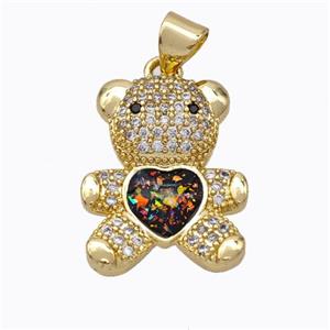 Copper Bear Pendant Micropave Zirconia Multicolor Fire Opal Heart 18K Gold Plated, approx 15-18mm [FN45098]