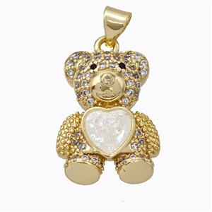 Copper Bear Pendant Micropave Zirconia White Fire Opal Heart 18K Gold Plated, approx 15-20mm [FN45100]