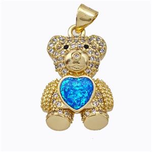Copper Bear Pendant Micropave Zirconia Blue Fire Opal Heart 18K Gold Plated, approx 15-20mm [FN45101]