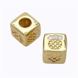 Copper Cube Beads Pave Zirconia Fire Opal Pineapple Large Hole 18K Gold Plated, approx 10x10mm, 5mm hole [FN45105]