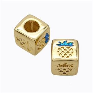 Copper Cube Beads Pave Zirconia Fire Opal Pineapple Large Hole 18K Gold Plated, approx 10x10mm, 5mm hole [FN45106]