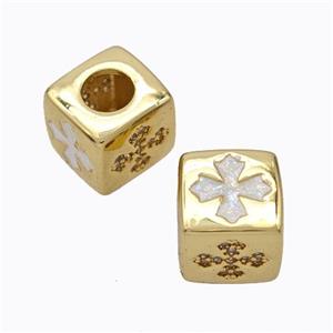 Copper Cube Beads Pave Zirconia Fire Opal Cross Large Hole 18K Gold Plated, approx 10x10mm, 5mm hole [FN45111]