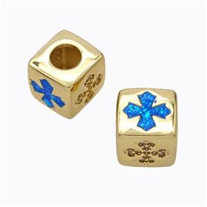 Copper Cube Beads Pave Zirconia Fire Opal Cross Large Hole 18K Gold Plated, approx 10x10mm, 5mm hole [FN45112]